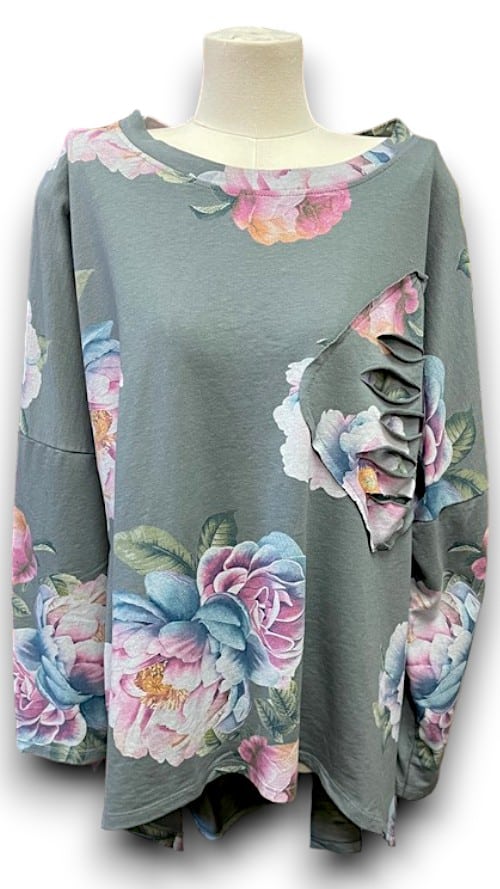 Grey Ombre Peony Ripped Cotton Sweater