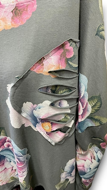 Grey Ombre Peony Ripped Cotton Sweater