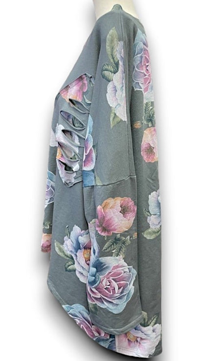 Grey Ombre Peony Ripped Cotton Sweater