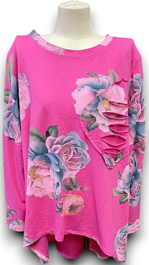 Hot Pink Ombre Peony Ripped Cotton Sweater