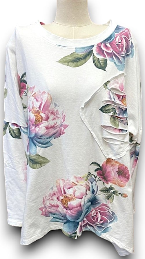 White Ombre Peony Ripped Cotton Sweater