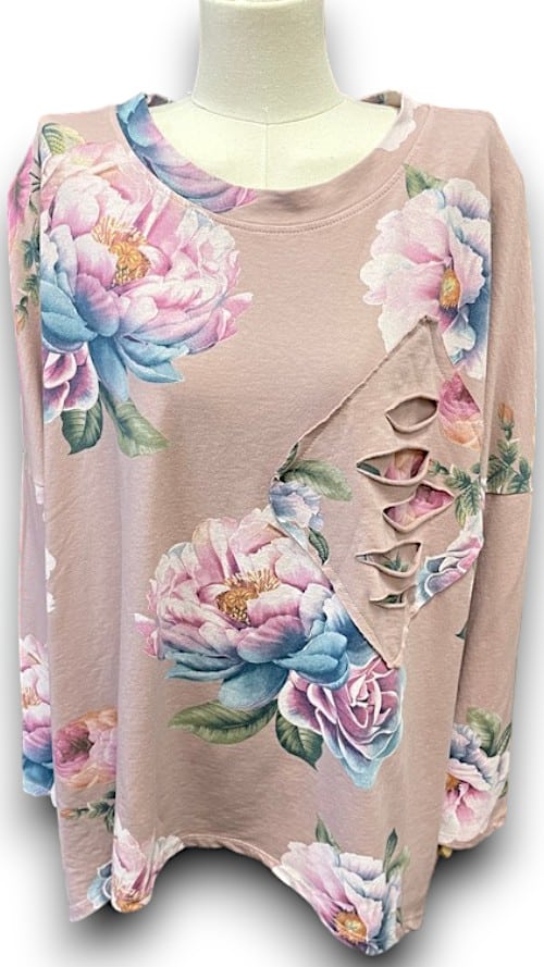 Baby Pink Ombre Peony Ripped Cotton Sweater