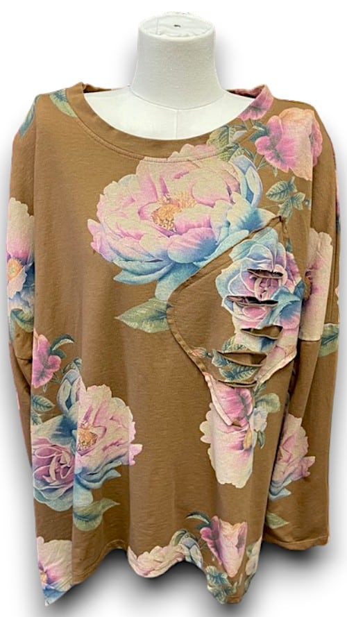 Coffee Ombre Peony Ripped Cotton Sweater