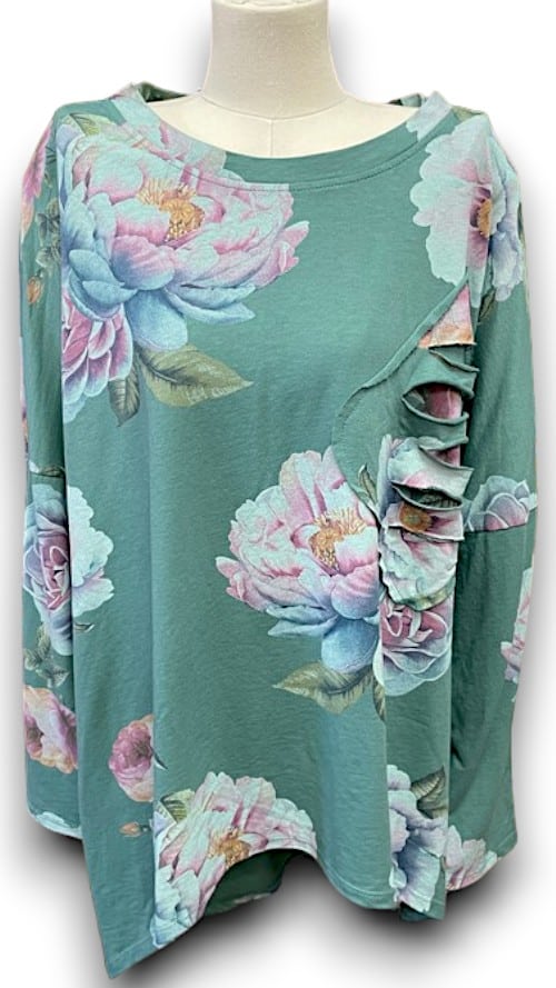 Faded Jade Ombre Peony Ripped Cotton Sweater