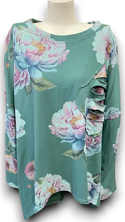 Faded Jade Ombre Peony Ripped Cotton Sweater