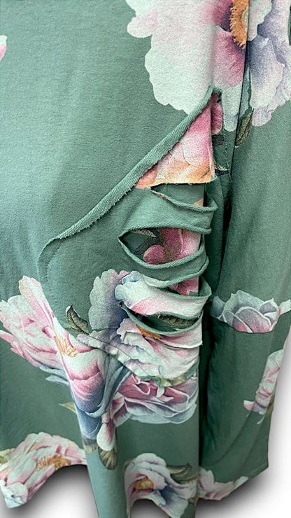 Faded Jade Ombre Peony Ripped Cotton Sweater