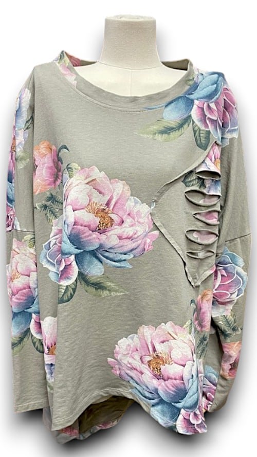 Mocha Ombre Peony Ripped Cotton Sweater