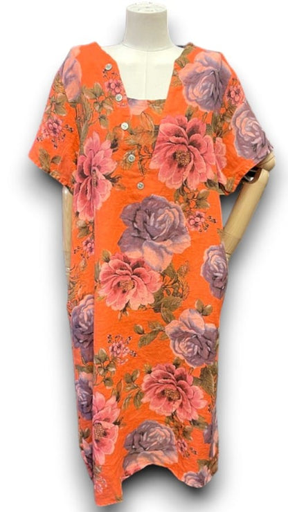 Orange Bright Bloom V-Neck Maxi Dress with Buttons