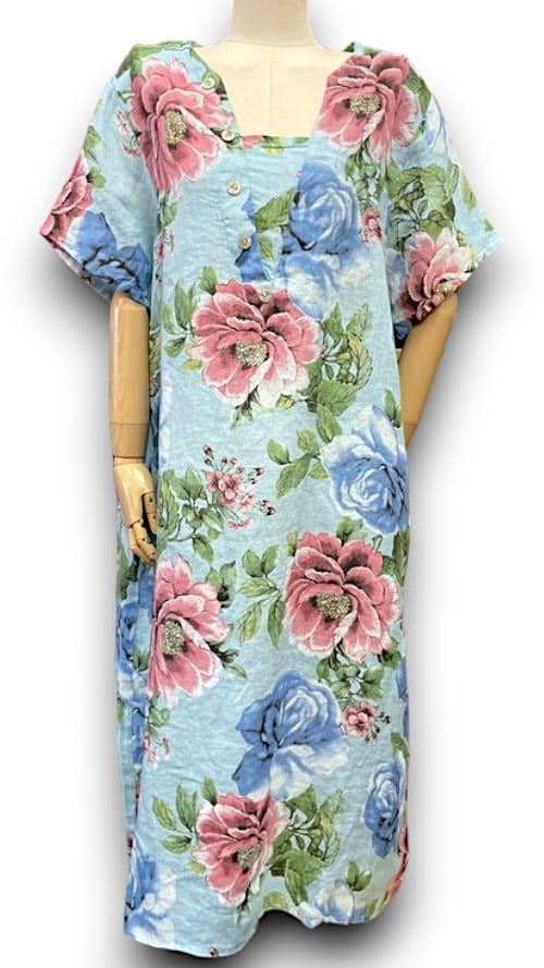 Light Blue Bright Bloom V-Neck Maxi Dress with Buttons