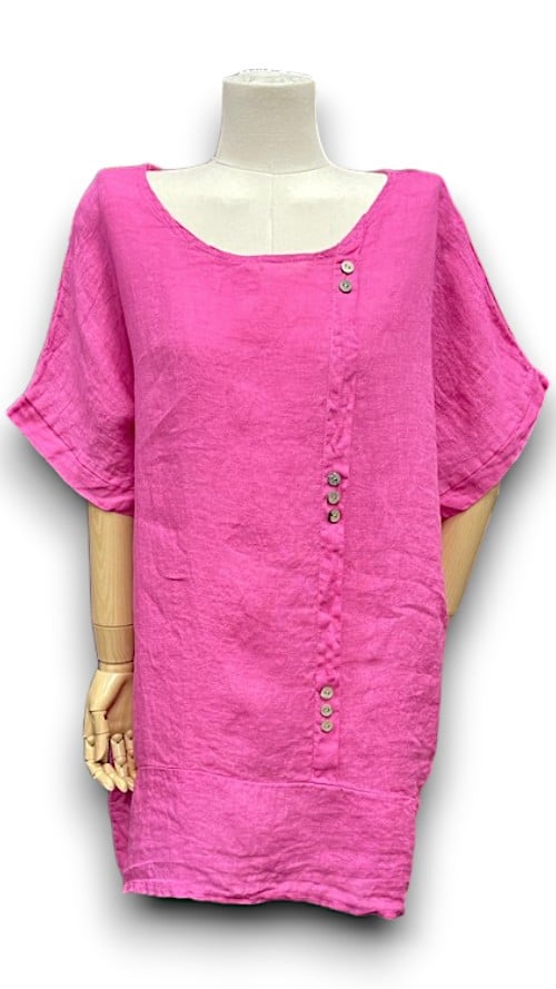 Hot Pink Plain Linen Tee with Coconut Buttons