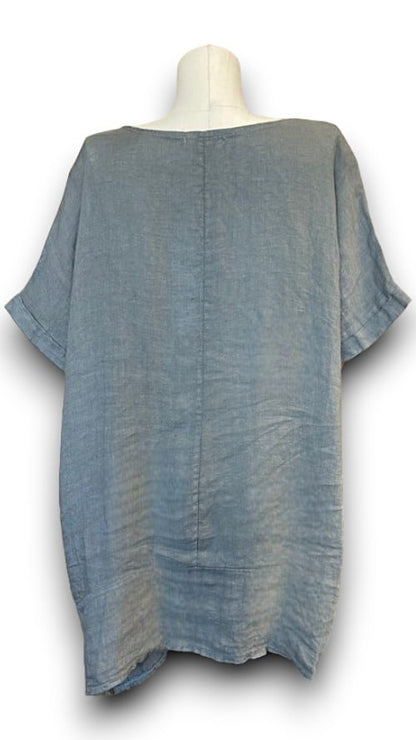 Grey Plain Linen Tee with Coconut Buttons