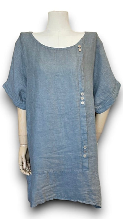 Grey Plain Linen Tee with Coconut Buttons