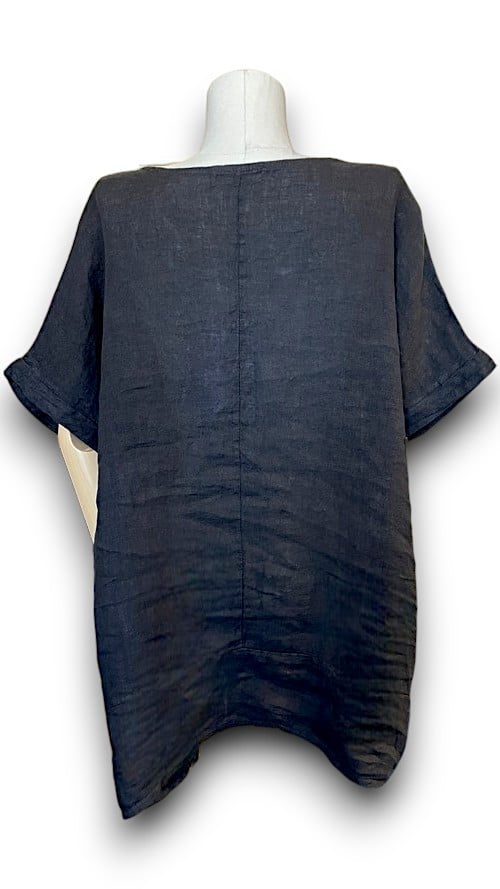 Black Plain Linen Tee with Coconut Buttons