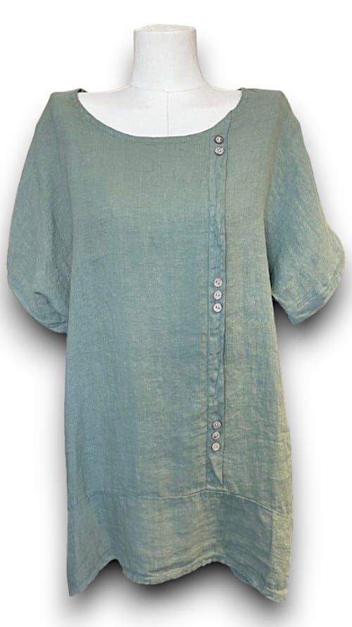 Sage Plain Linen Tee with Coconut Buttons