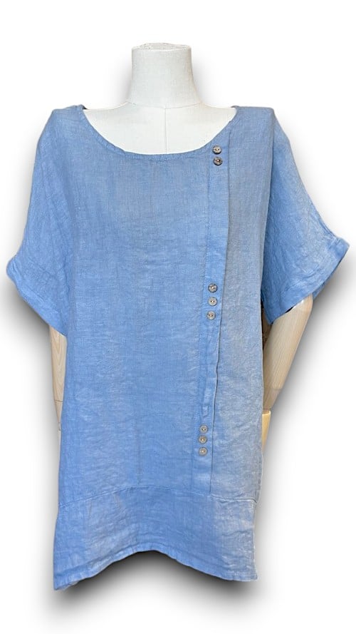 Petrol Plain Linen Tee with Coconut Buttons