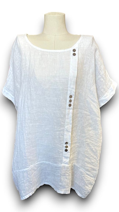 White Plain Linen Tee with Coconut Buttons