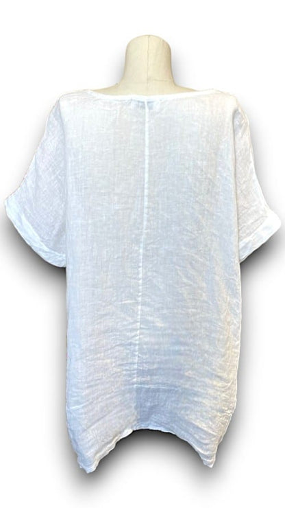 White Plain Linen Tee with Coconut Buttons