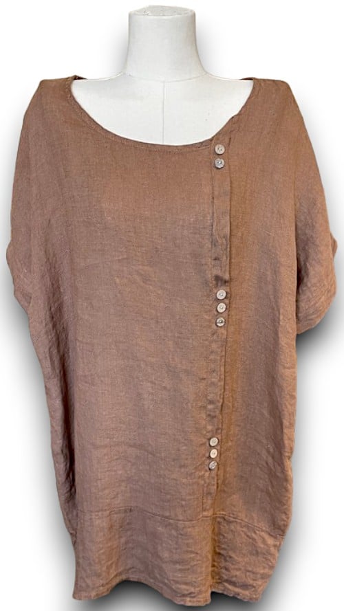 Dark Coffee Plain Linen Tee with Coconut Buttons