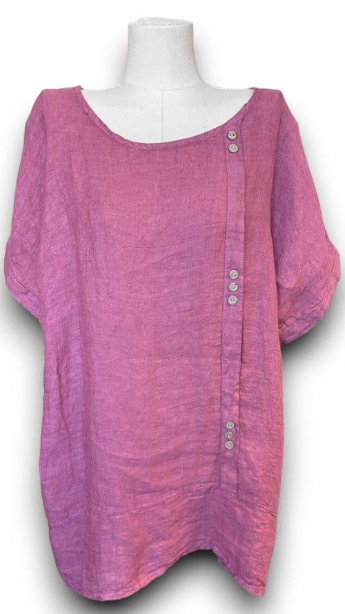 Dark Berry Plain Linen Tee with Coconut Buttons