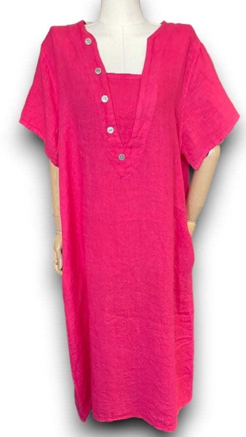 Hot Pink Plain V-Neck Maxi Dress with Buttons