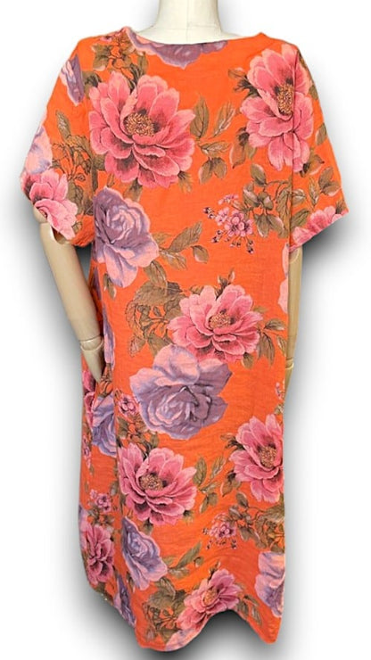 Orange Bright Bloom V-Neck Maxi Dress with Buttons