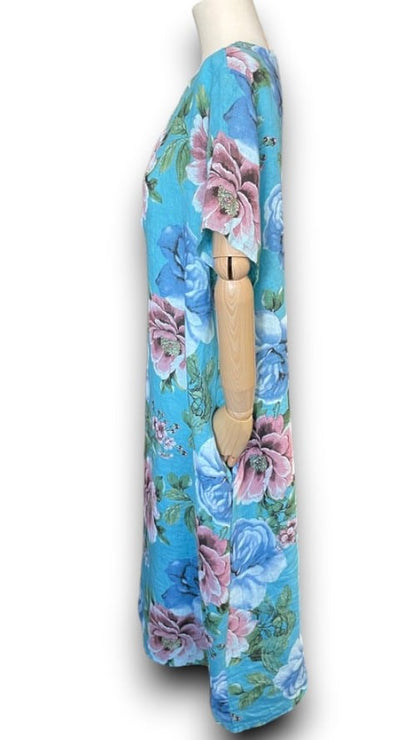 Turquoise Bright Bloom V-Neck Maxi Dress with Buttons