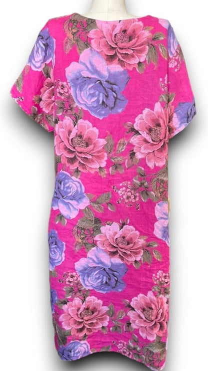 Hot Pink Bright Bloom V-Neck Maxi Dress with Buttons