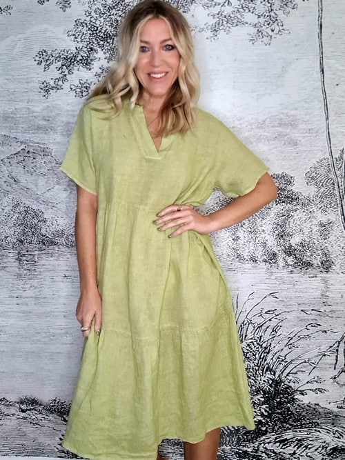 Antique Lime Plain Overlap V-Neck Midi Maxi Dress