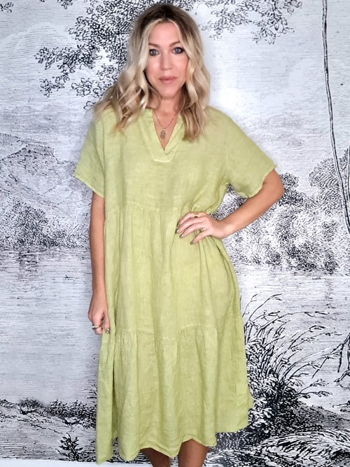 Antique Lime Plain Overlap V-Neck Midi Maxi Dress