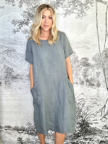 Grey T-Shape Linen Mid Maxi Dress