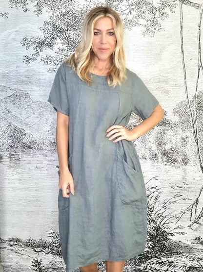 Grey T-Shape Linen Mid Maxi Dress