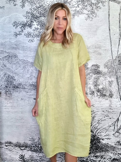 Antique Lime T-Shape Linen Mid Maxi Dress