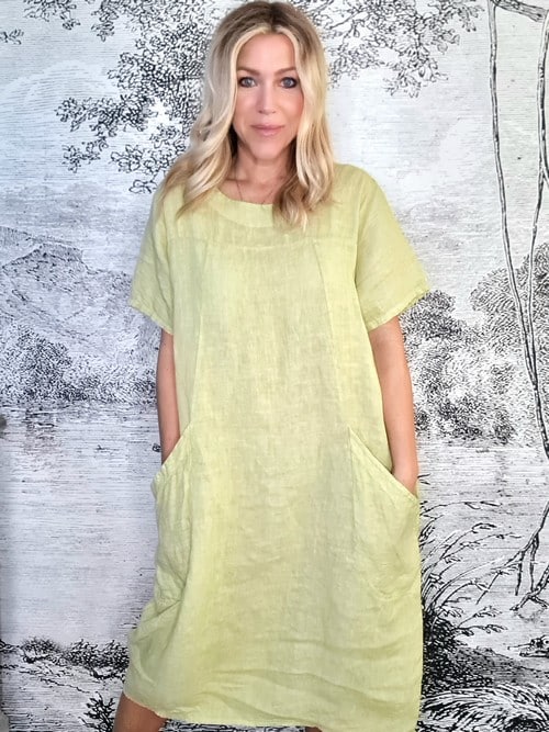 Antique Lime T-Shape Linen Mid Maxi Dress