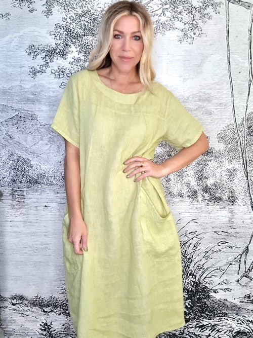 Antique Lime T-Shape Linen Mid Maxi Dress