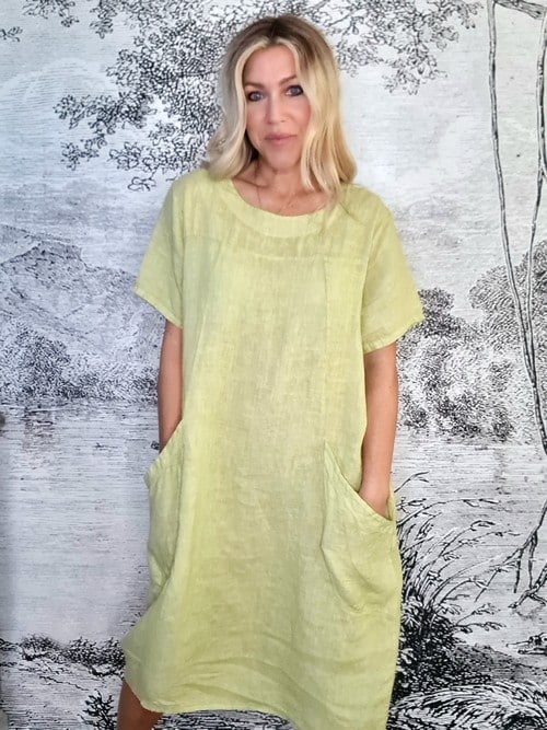 Antique Lime T-Shape Linen Mid Maxi Dress