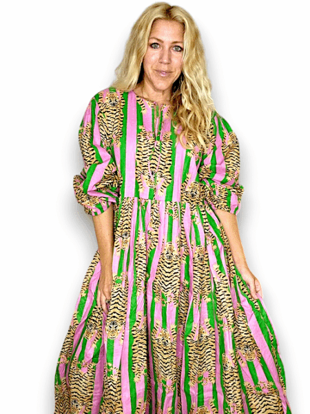 IDA IVY Pouf Sl Dress/Tiger Stripe/Pink/Green