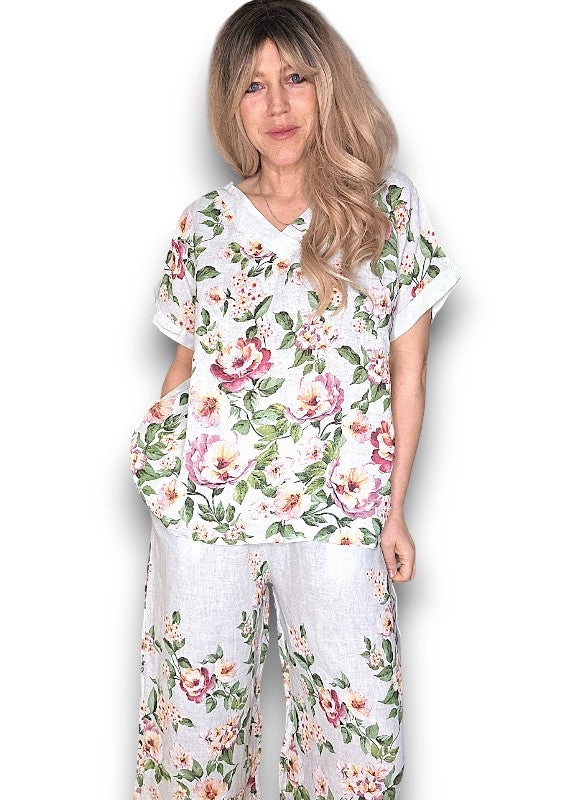White Ruby Blossom Linen Top image 0