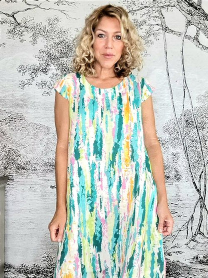 Green Rainbow Full Linen Tiffany Dress