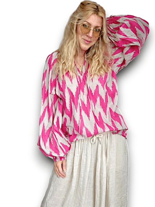 IDA IVY Pouf Sleeve Tunic-Aztec/Pink Grey image 3