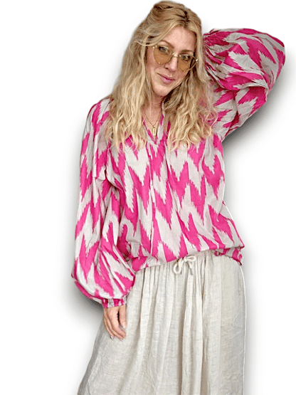 IDA IVY Pouf Sleeve Tunic-Aztec/Pink Grey image 3