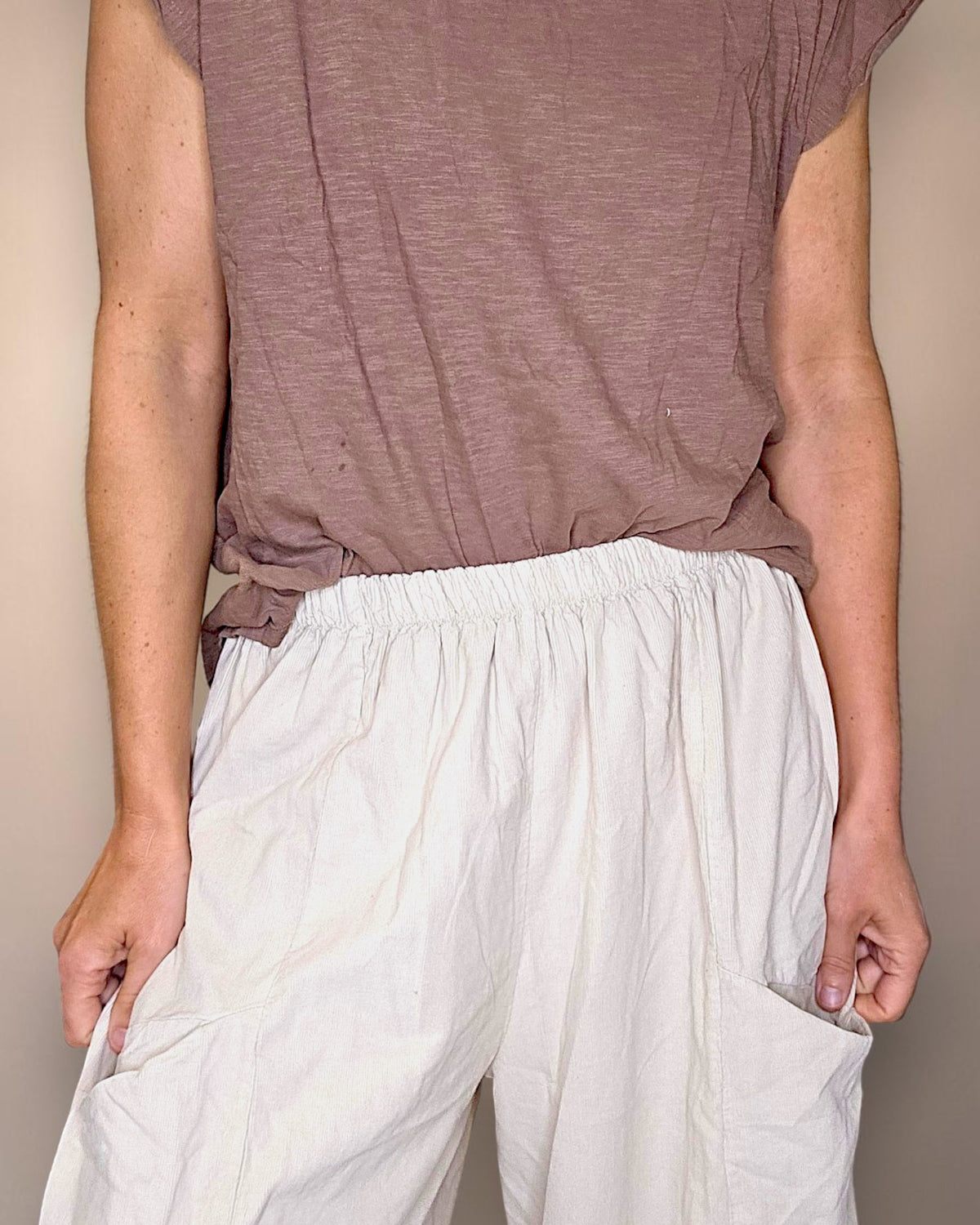 Beige Corduroy Barrel Pants