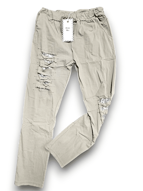 Khaki Plain Ripped Pants