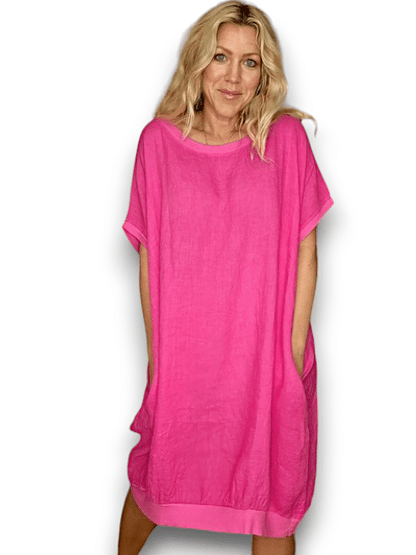 Hot Pink Plain Elastic Hem Dress