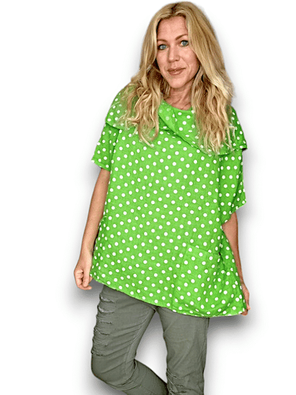 Bright Green Polka Dot Split Collar Moku Top