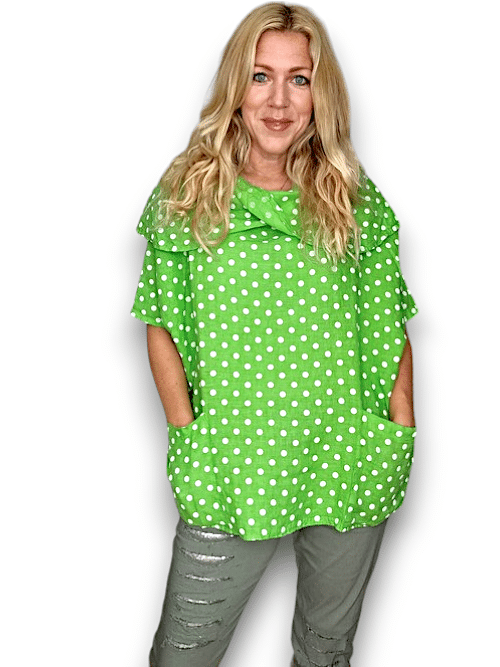 Bright Green Polka Dot Split Collar Moku Top