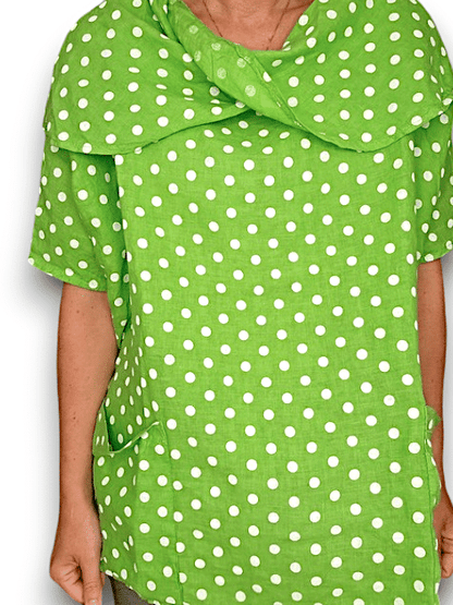 Bright Green Polka Dot Split Collar Moku Top