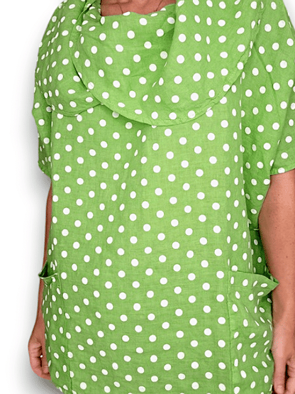 Bright Green Polka Dot Split Collar Moku Top