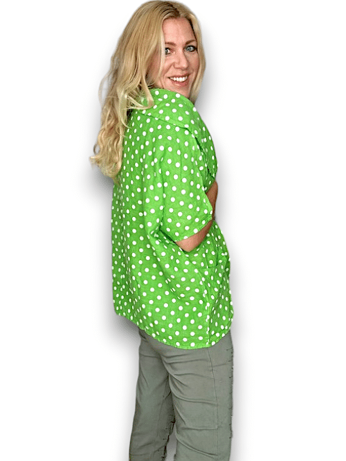 Bright Green Polka Dot Split Collar Moku Top