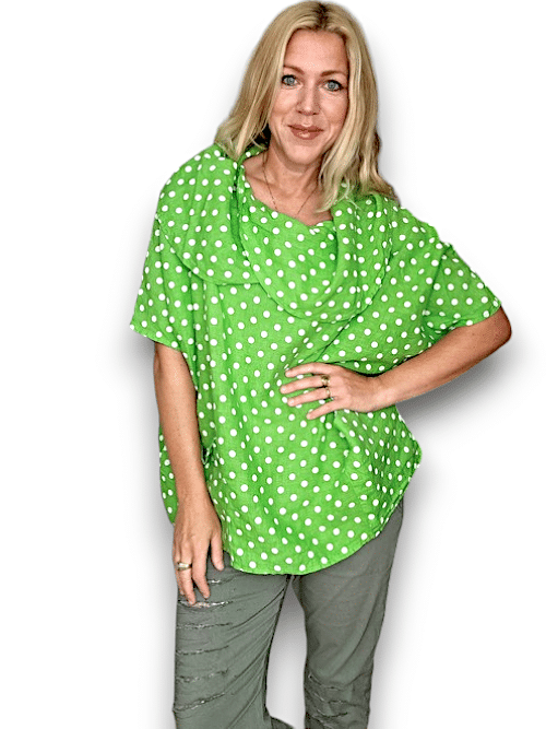 Bright Green Polka Dot Split Collar Moku Top