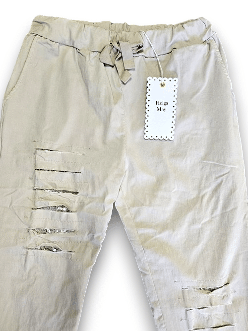 Light Beige Plain Ripped Pants